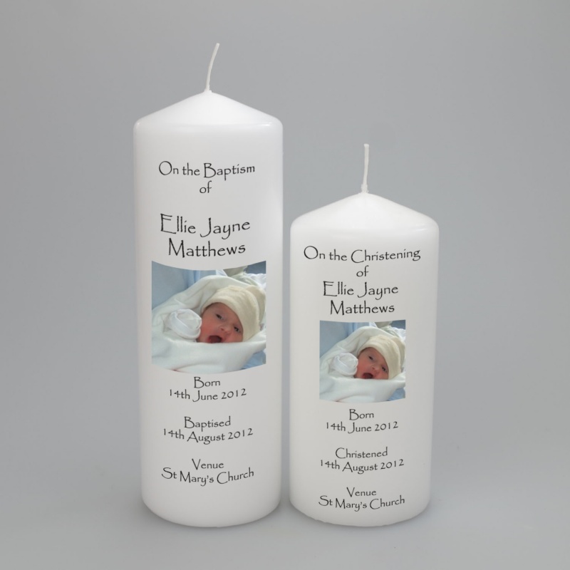 A Personalised Christening or Baptism pillar Picture / Photo Candle
