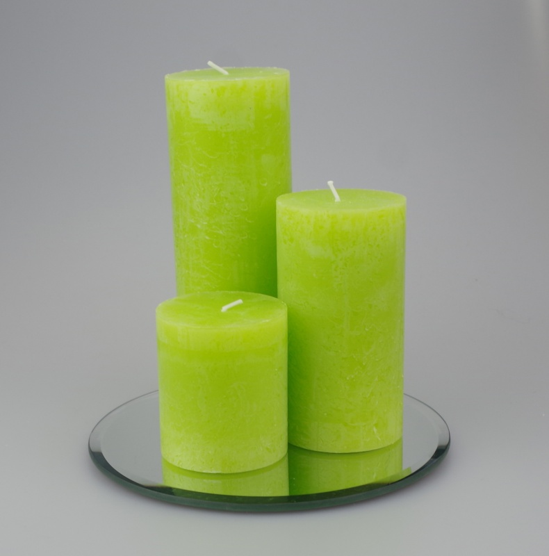 Rustic Pillar set of 3 Lime Green Justcandles.co.uk