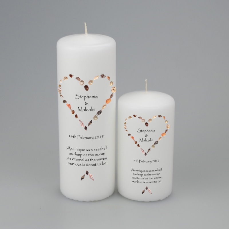 Personalised Wedding Candle with a Seashell Heart - available in two sizes