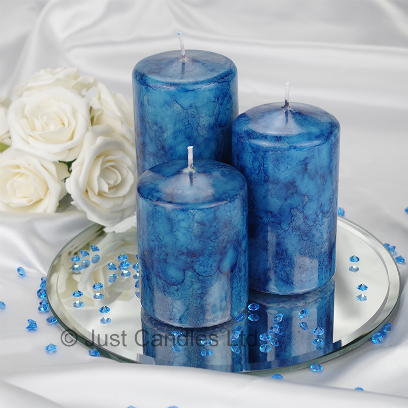 An Aqua Blue Coloured Marble Effect Wedding Centrepiece Pillar Candle Set With Optional Glass Mirror Plate