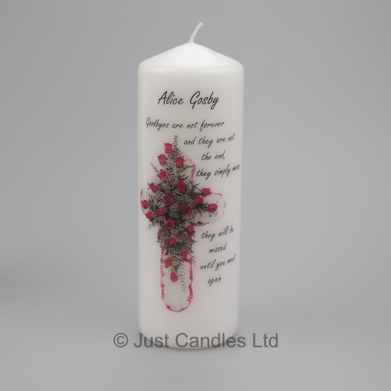 A beautiful personalised memorial candle featuring a cross two sizes