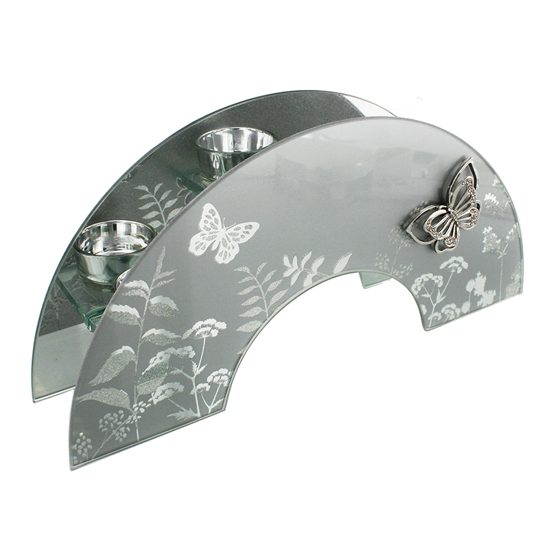 Frosted Glass & Mirror Tealight holder Arched with butterflies