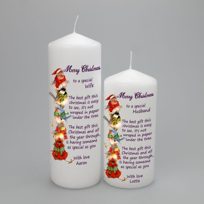 Personalised Merry Christmas Candle with tower of festive birds