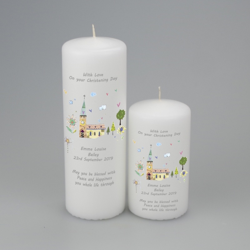 Personalised Christening or Baptism candle featuring Village church