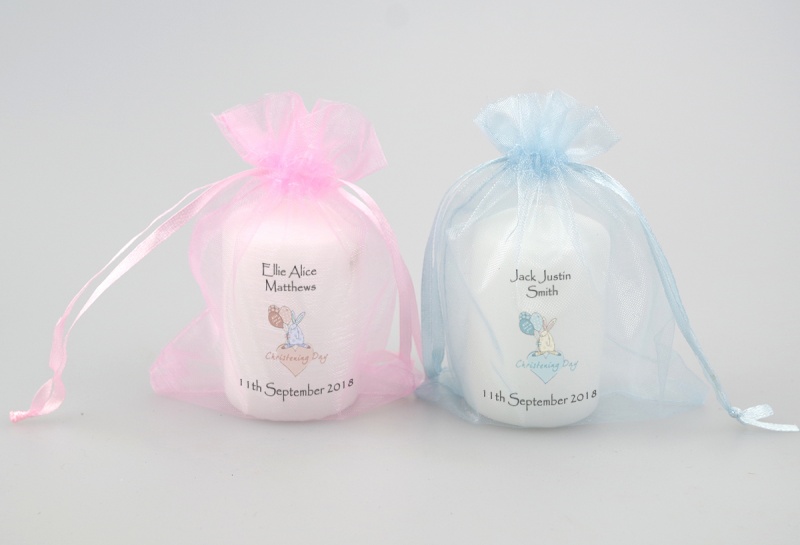Christening Favour candle featuring a bunny holding ballons