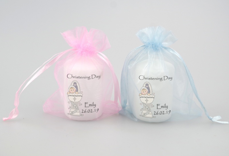 Christening Favour candle featuring the Holy Water font