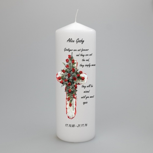 A beautiful personalised memorial candle featuring a cross two sizes