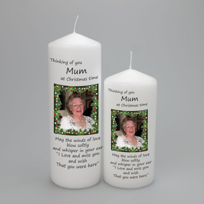 A personalised Christmas Picture candle with fairy lights border