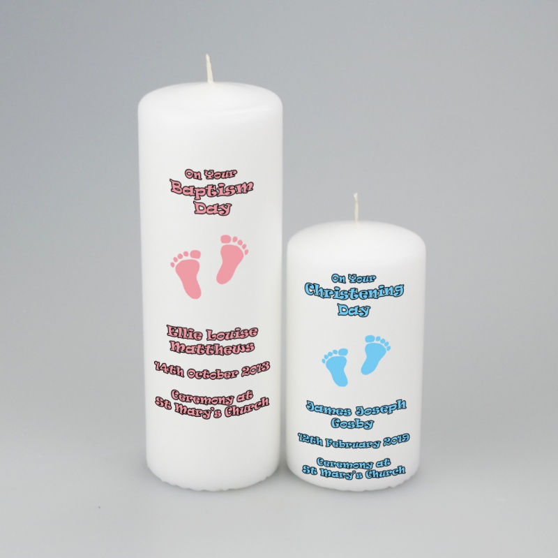 A Personalised Christening or Baptism pillar candle featuring tiny feet