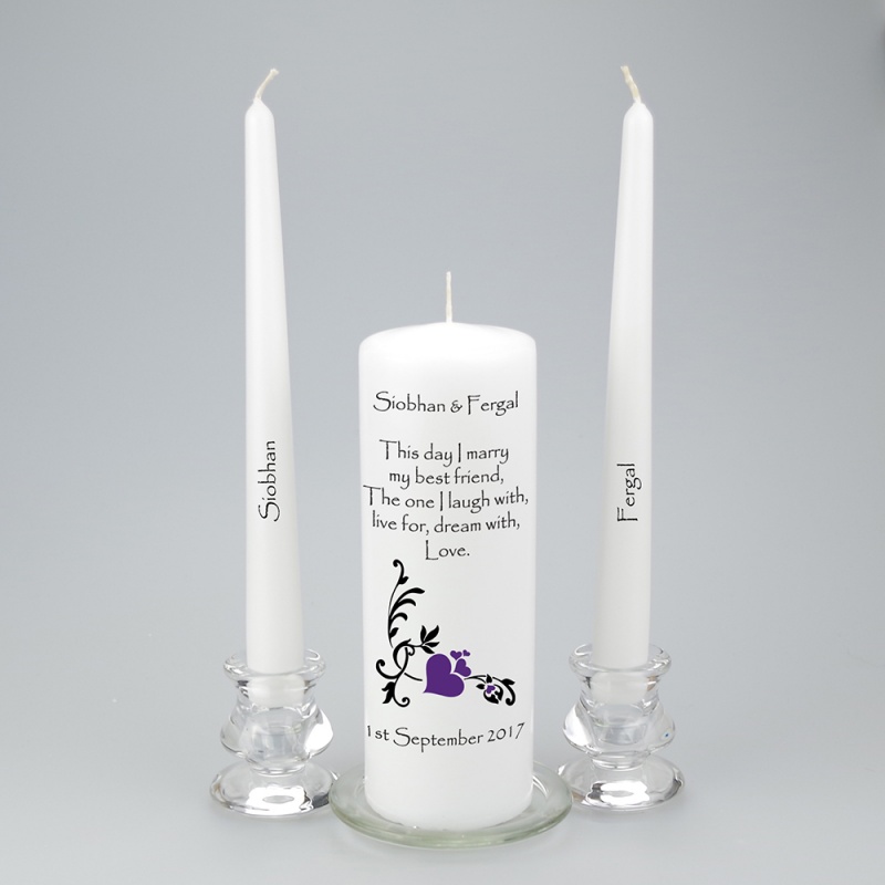 Ornate Scrolling coloured Heart Unity Candle with a choice of colours