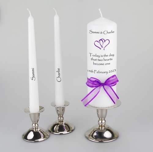Personalised Unity candle with entwined hearts choice of colours