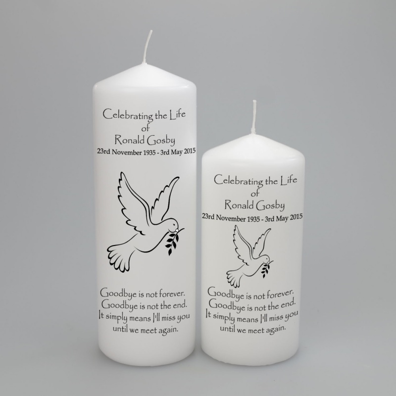Celebration of life personalised memorial candle Dove two sizes