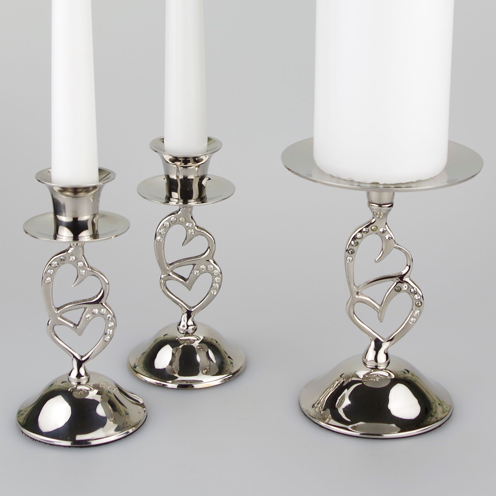 Unity Candle Holders with entwined hearts stem set of 3 Justcandles.co.uk
