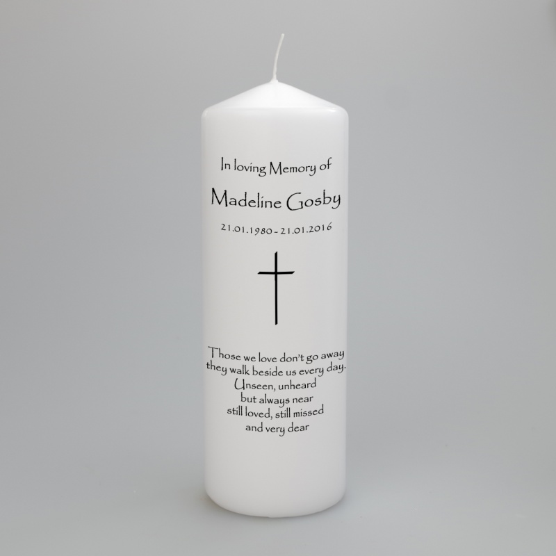 A personalised memorial candle fearturing a Simple Cross two sizes